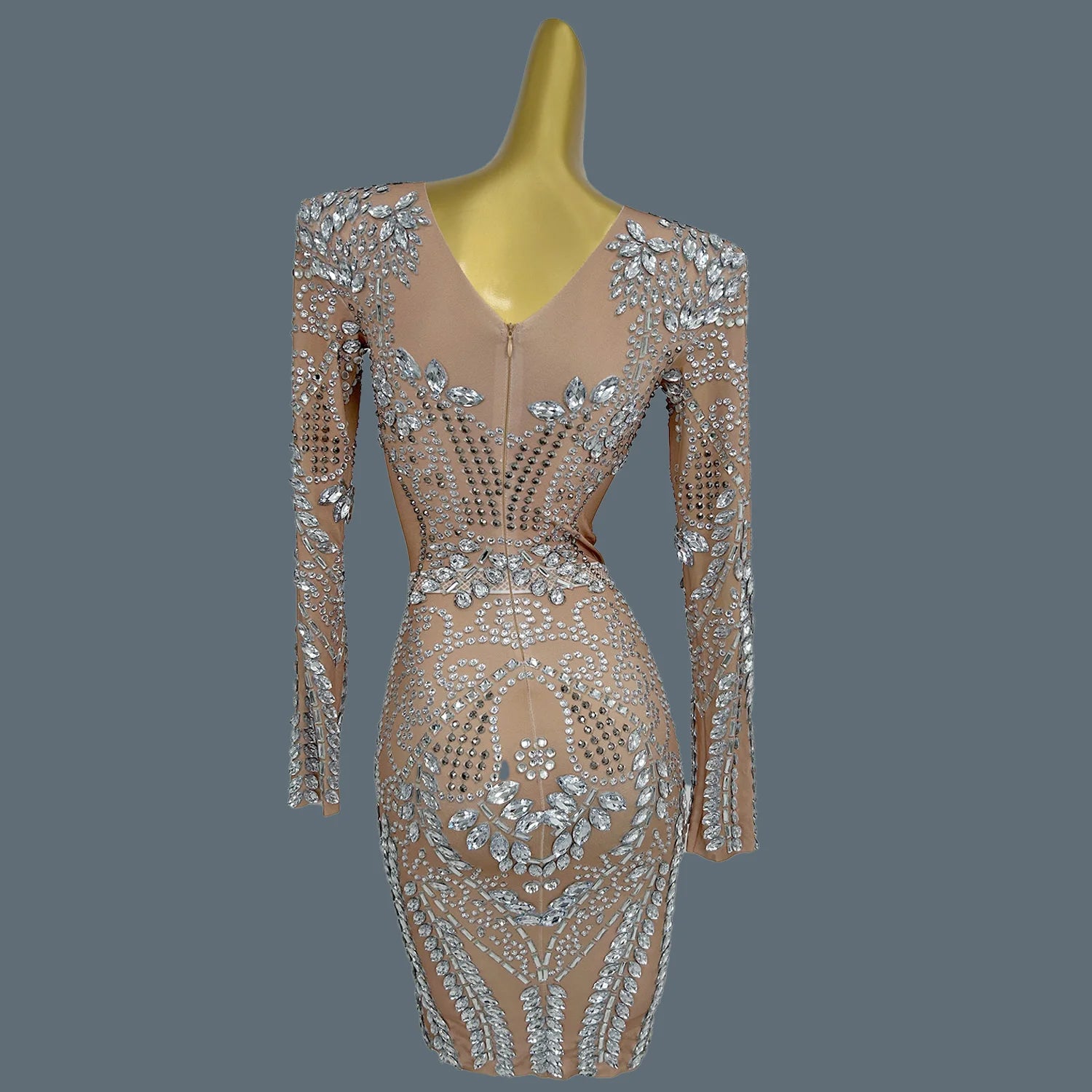 Sparkly Silver Big Rhinestone Sheer Mesh Evening Dress Birthday Celebrate Party Luxurious Costume fof Women Prom Dress Liushu