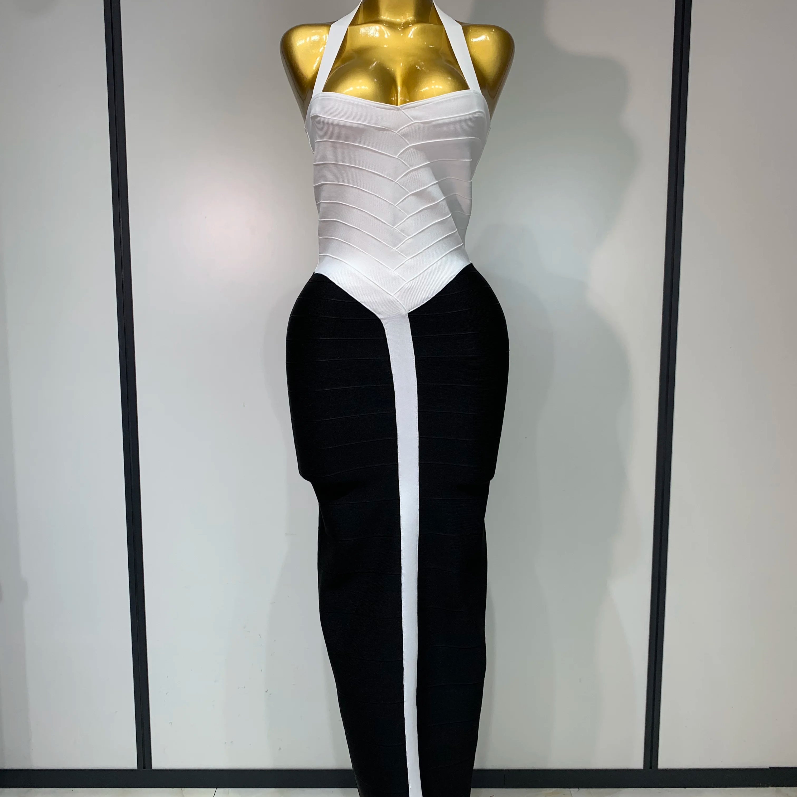 Women Sexy Halter Whiter Black Patchwork Bodycon Bandage Dress Celebrity Elegant Evening Party Club Luxury Birthday Dresses