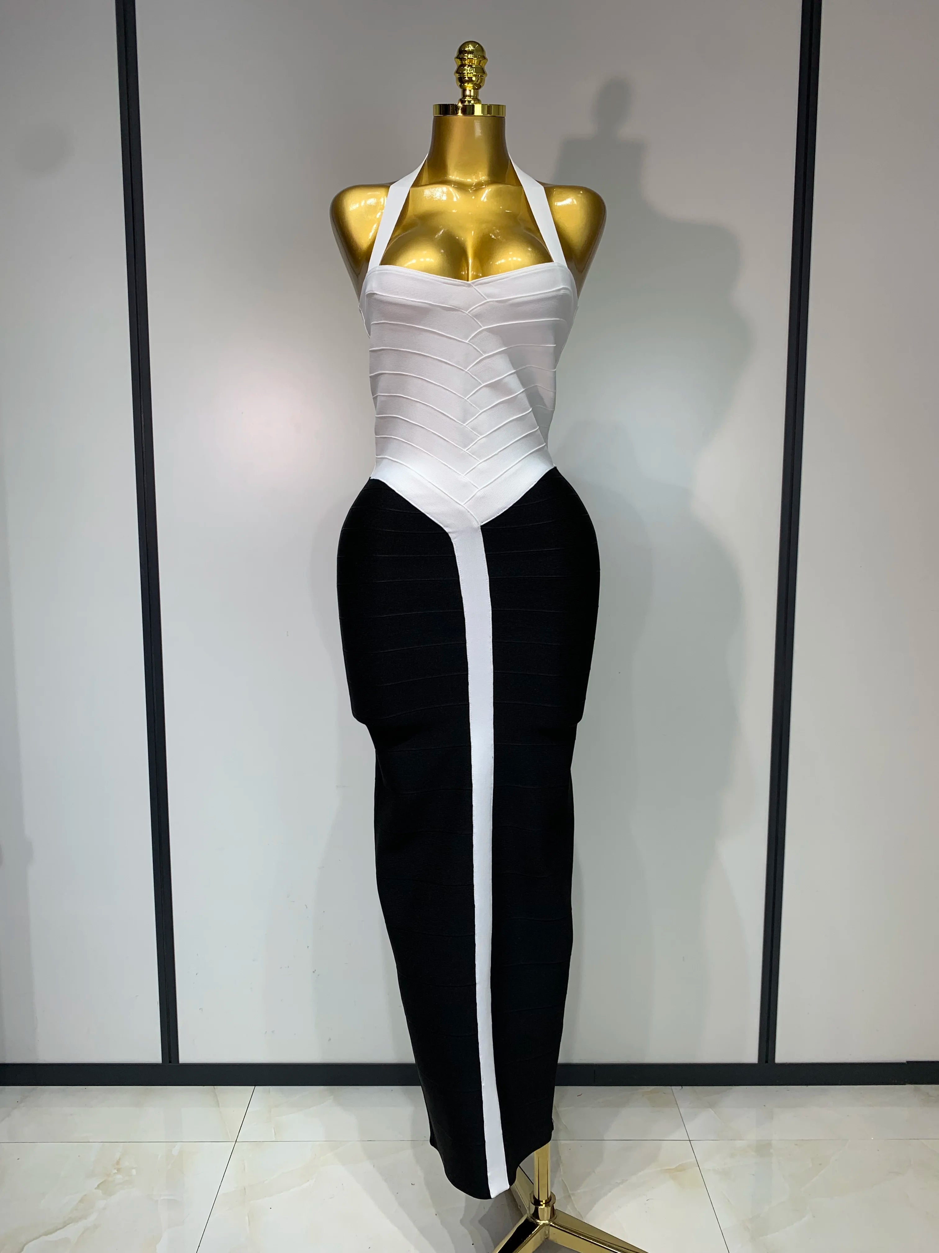 Women Sexy Halter Whiter Black Patchwork Bodycon Bandage Dress Celebrity Elegant Evening Party Club Luxury Birthday Dresses
