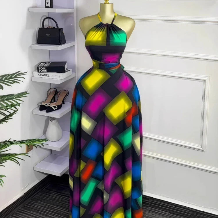 CM.YAYA Women Printed Halter Sleeveless Tank Maxi Long Dress 2025 Summer Beach Birthday Sexy Vacation Party Evening Dresses