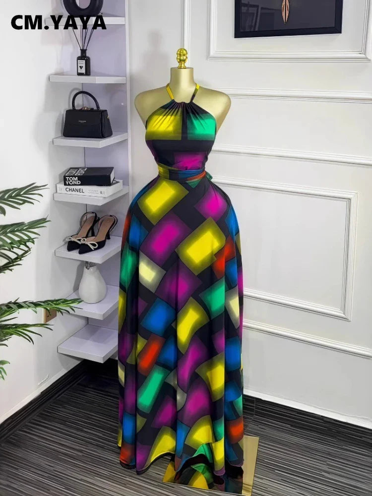 CM.YAYA Women Printed Halter Sleeveless Tank Maxi Long Dress 2025 Summer Beach Birthday Sexy Vacation Party Evening Dresses