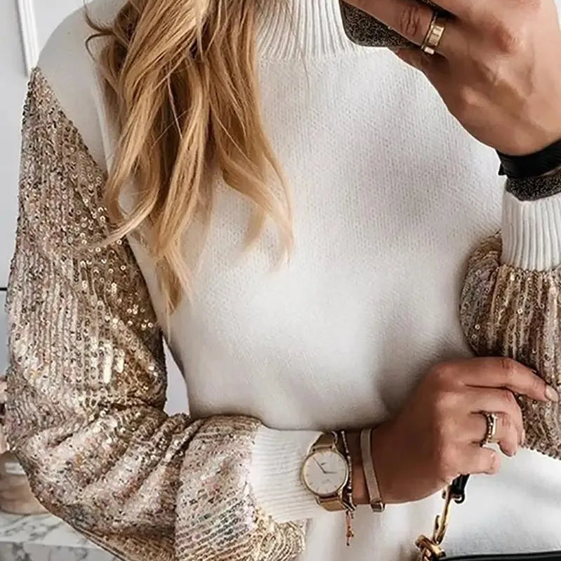 Office Lady Dress Elegant Button Turtleneck Autumn Winter Dress Women New Fashion Sequins Long Sleeve A-Line Party Dress Vestido