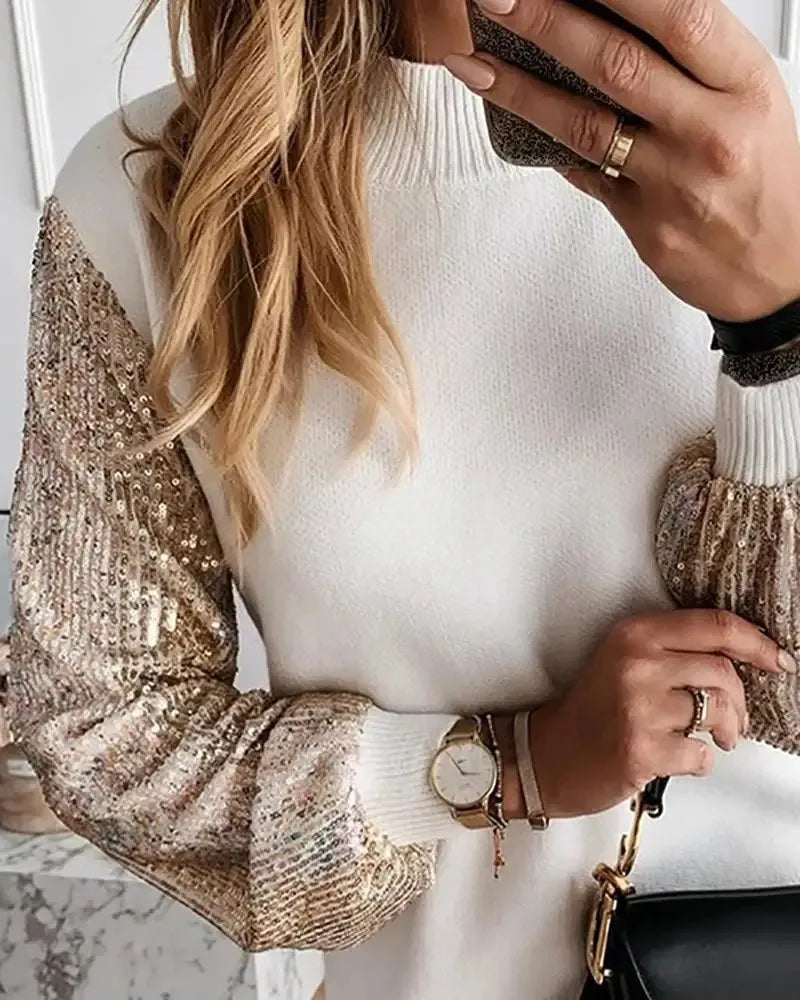 Office Lady Dress Elegant Button Turtleneck Autumn Winter Dress Women New Fashion Sequins Long Sleeve A-Line Party Dress Vestido