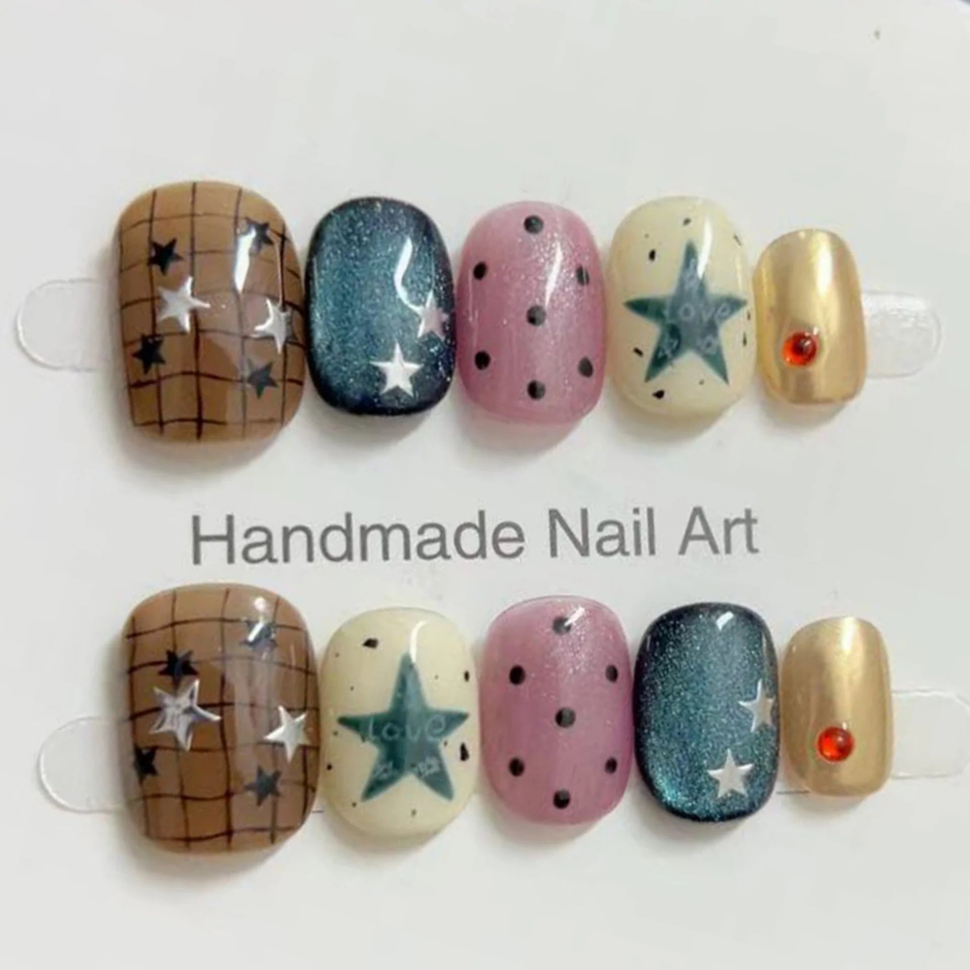 10pcs Simple Short Square Round False Nails Art Star Stripes Design Handmade Press on Nails Tips Blue Glitter Fake Nail Finished