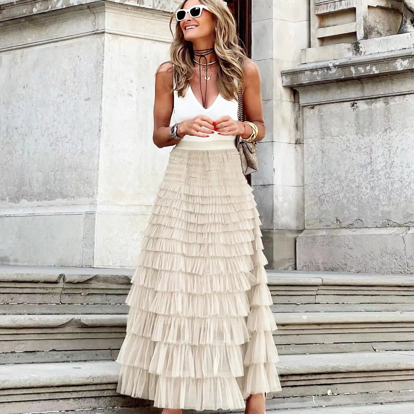 Casual Womens Solid Ball Gown Long Skirt Tulle High Waist Pleated Tutu Skirt Elegant Ladies Wild Mesh Dating Maxi Skirts Drop APRICOT