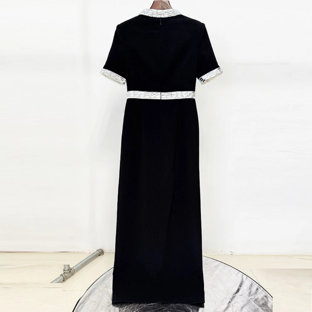 TWOTWINSTYLE Solid Spliced Bead Elegant Dresses for Women V Neck Short Sleeves High Waist Patchwork Split Long Dress Female New