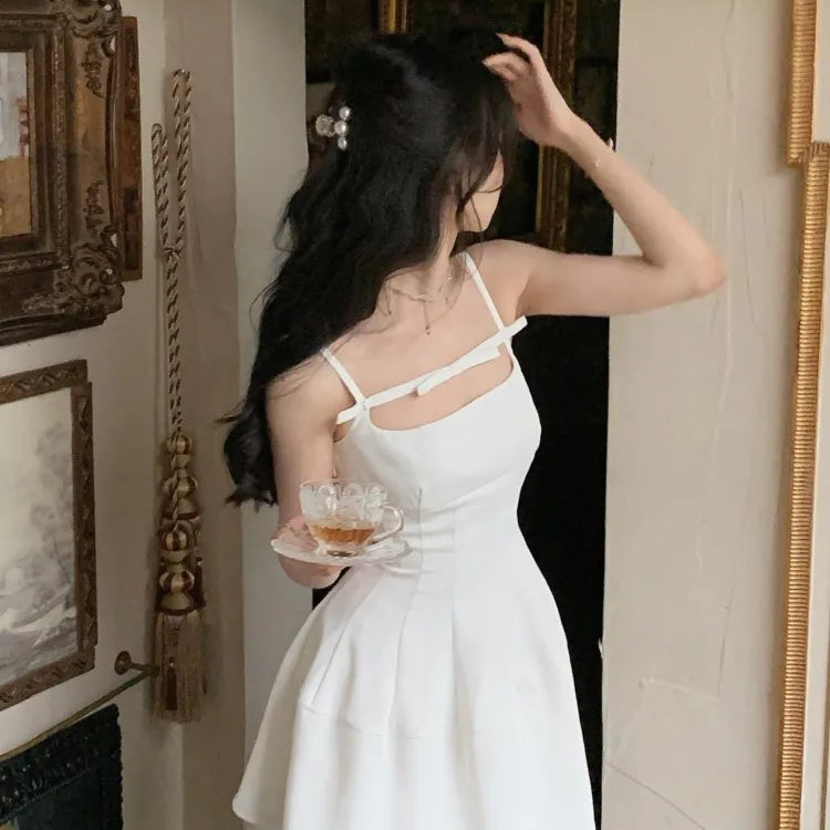 Y2K Summer Short Dress Women Solid Spaghetti Strap Evening Party Dresses Elegant Sleeveless Sexy A-line One Piece Vestido Mujer White(Short)