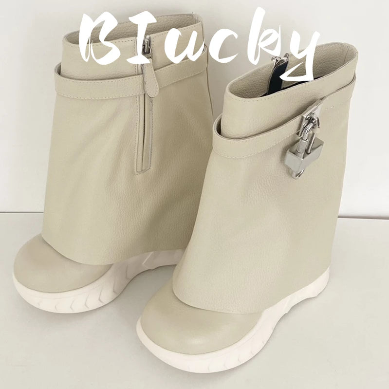 Winter New Women Mid-Calf Boots Woman Genuine Leather Wedge Platform Round 2023 Metal Decoration Boots Gold