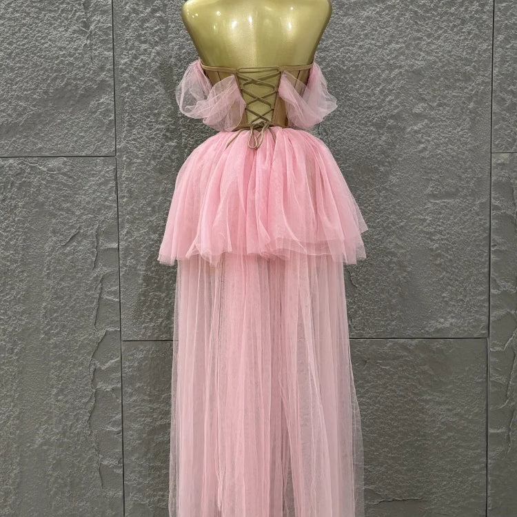 STOCK Women Sexy Strapless Laced-up Mesh 2 Pieces Long Maxi Dress Celebrate Evening Party Birthday Prom Outfit