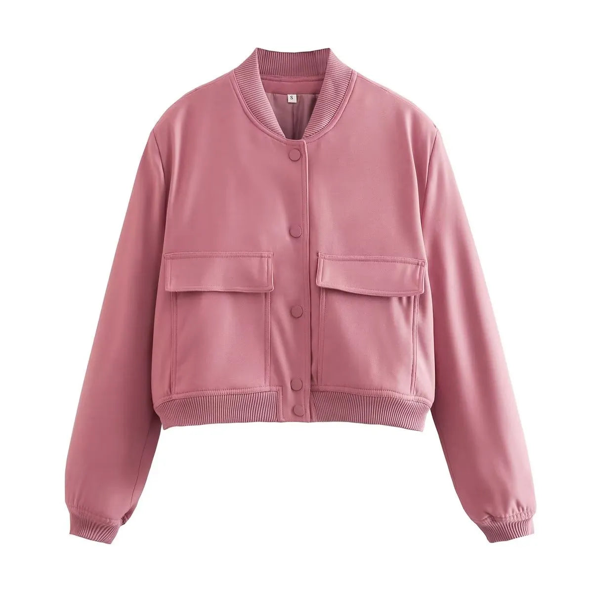 Women Fashion Solid Bomber Jackets Coat With Pockets V-Neck Single Breasted Long Sleeves Female Chic Lady Outfits Pink