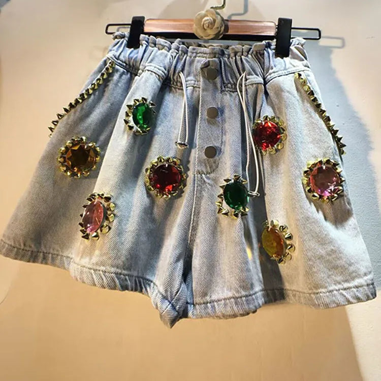 DEAT Women's Denim Shorts Rivet Big Diamonds Drawstring Elastic Waist Loose Wide Leg Short Jeans Summer New Fashion 29L1056