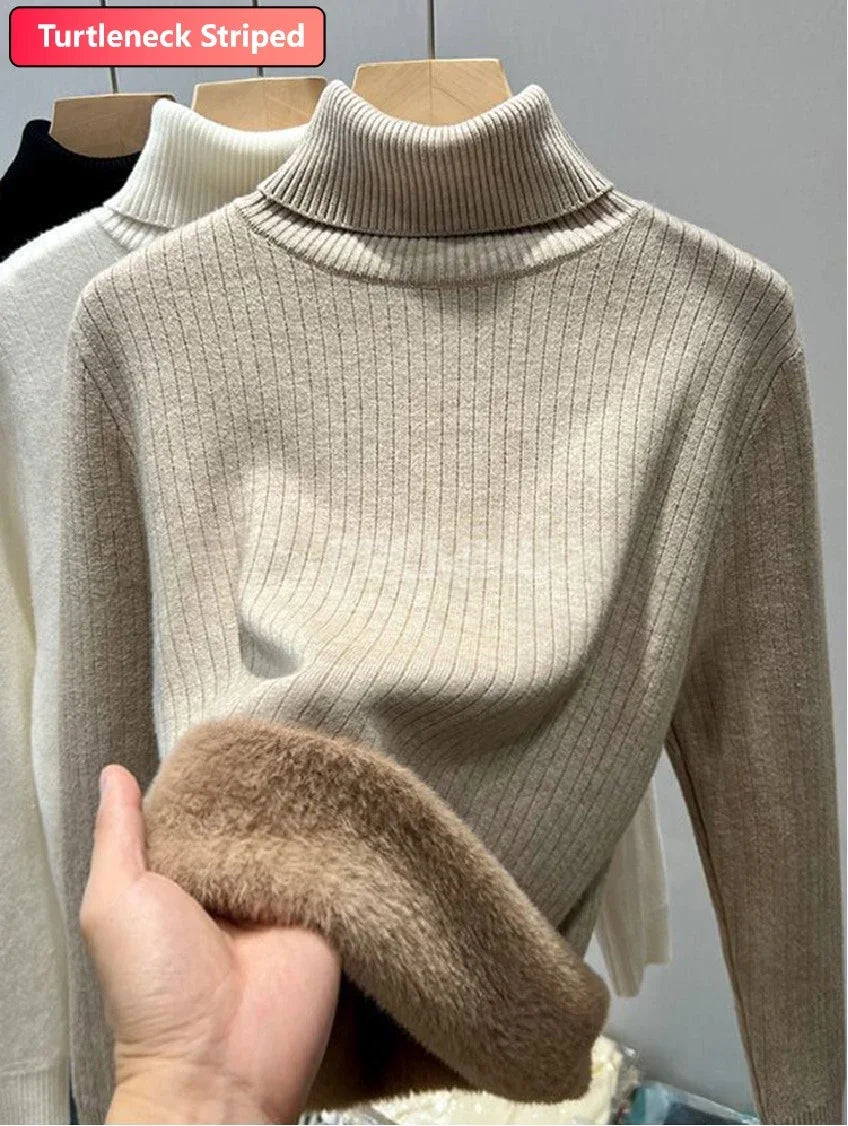 Warm Knit Pullover New Thicken Turtleneck Sweater For Winter Women Casual Slim Plush Lined Soft Long Sleeve Knitwear Jumper Tops striped oatmeal