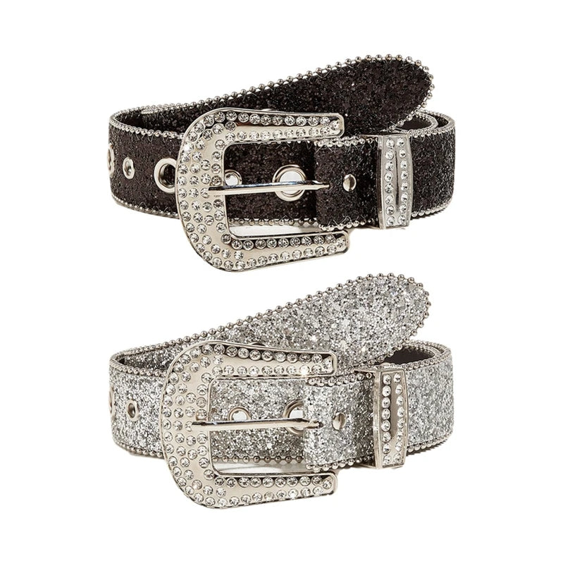 Shinning for Rhinestone Belts Women PU Leather Western Y2K Girls Belt for Jeans