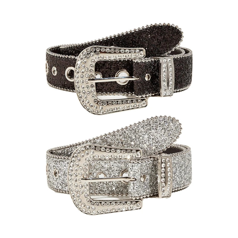 Shinning for Rhinestone Belts Women PU Leather Western Y2K Girls Belt for Jeans
