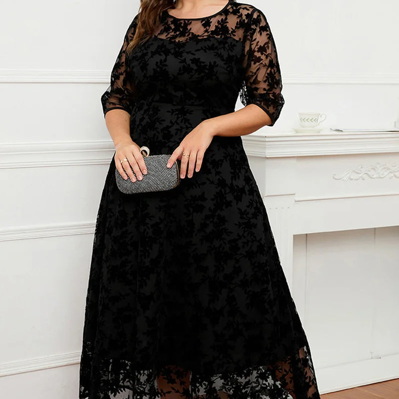 Women A-Line Dress Plus Size Lace Flocking Mesh Velvet Double Layer Tunic Embroidery Elegant Half Sleeve Spring Maxi Dress