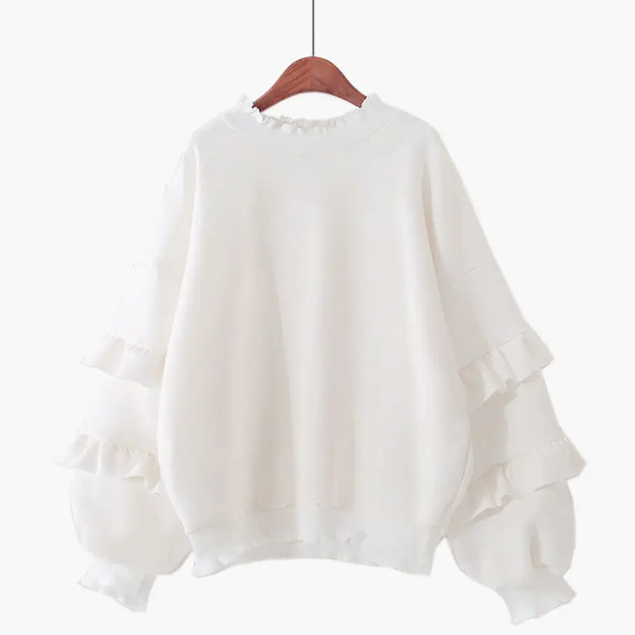 Women Preppy Style Spring Autumn Sweatshirt Overalls Denim Pants 1 or 2 Piece Set Korean Lady Daily Ruffle Tops Jeans Outfits Only White Tops