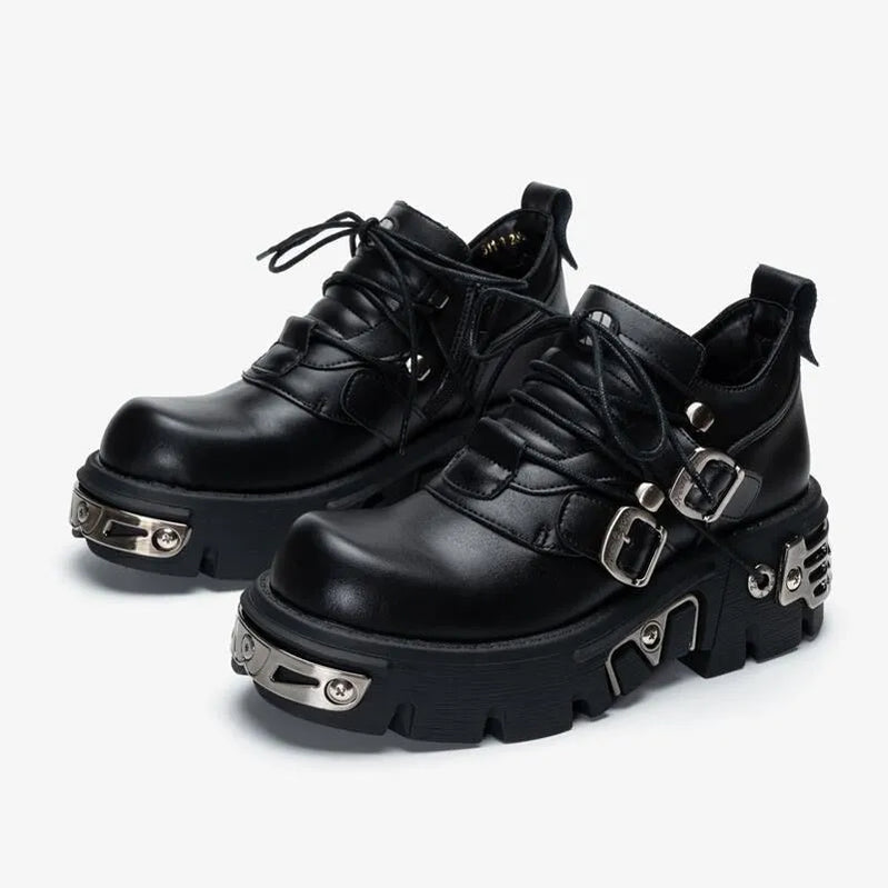 U-DOUBLE Brand Punk Style Women Shoes Lace-up heel height 6CM Platform Shoes Woman Gothic Ankle Boots Metal Decor Woman Sneakers HT392BLACK