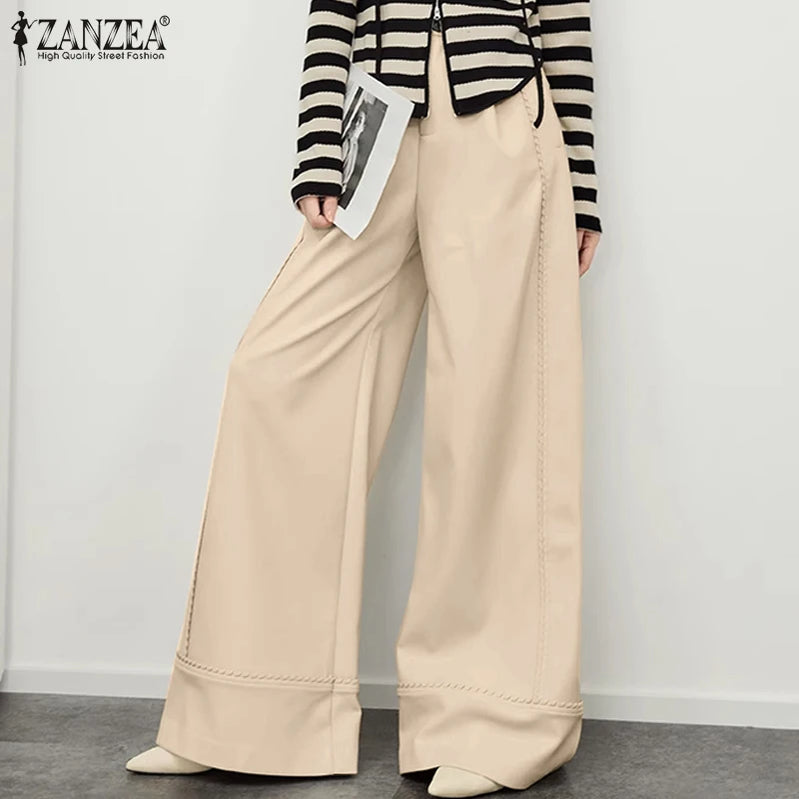 Stretchy Faux Leather Pants Sexy High Waist Pantalon Bell Bottom Flared Long Pant Women Elegant PU Wide Leg Trousers Beige