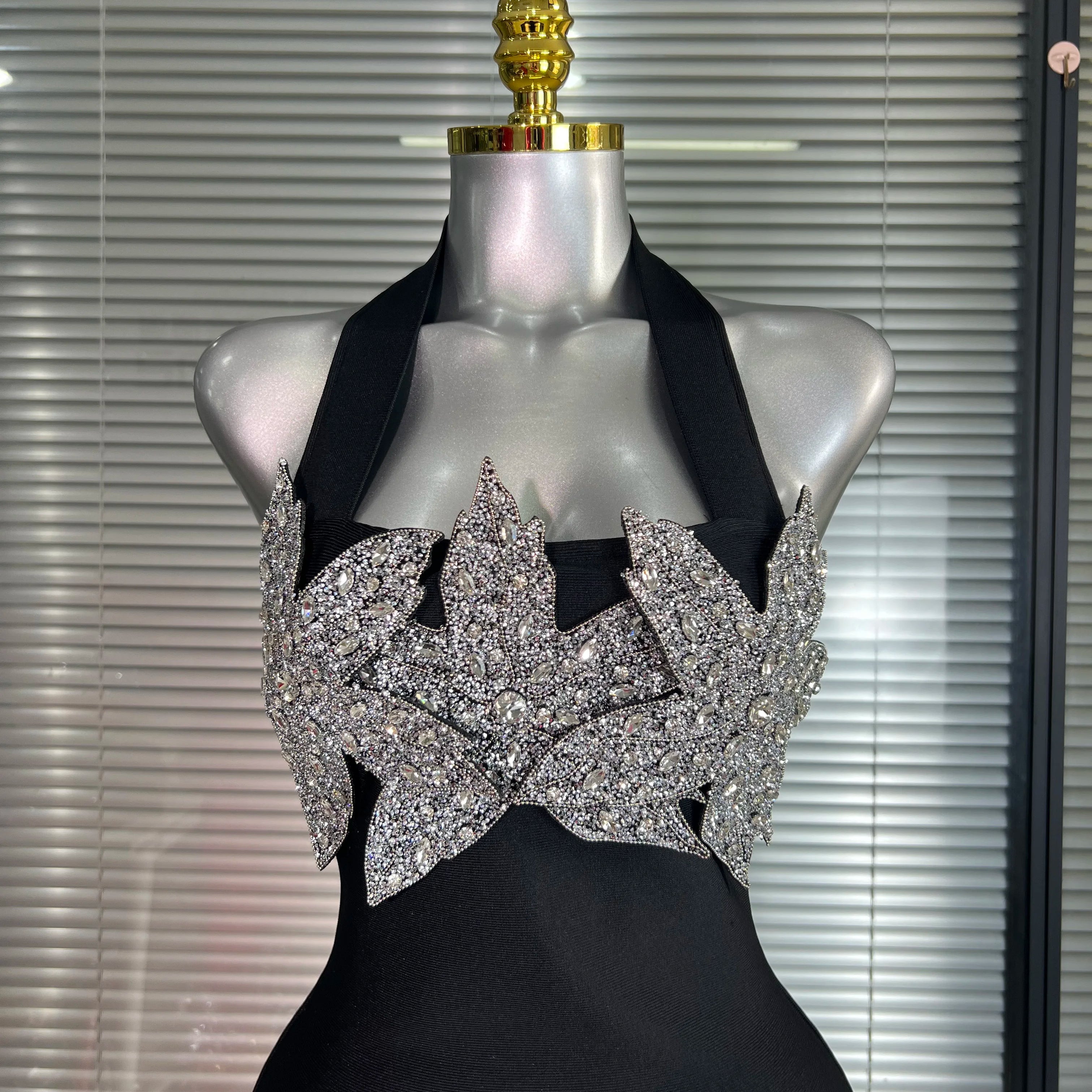 Brand New Summer 2025 Women Black Halter Bodycon Bandage Bodycon Dress Crystal Evening Party Dress Vestido