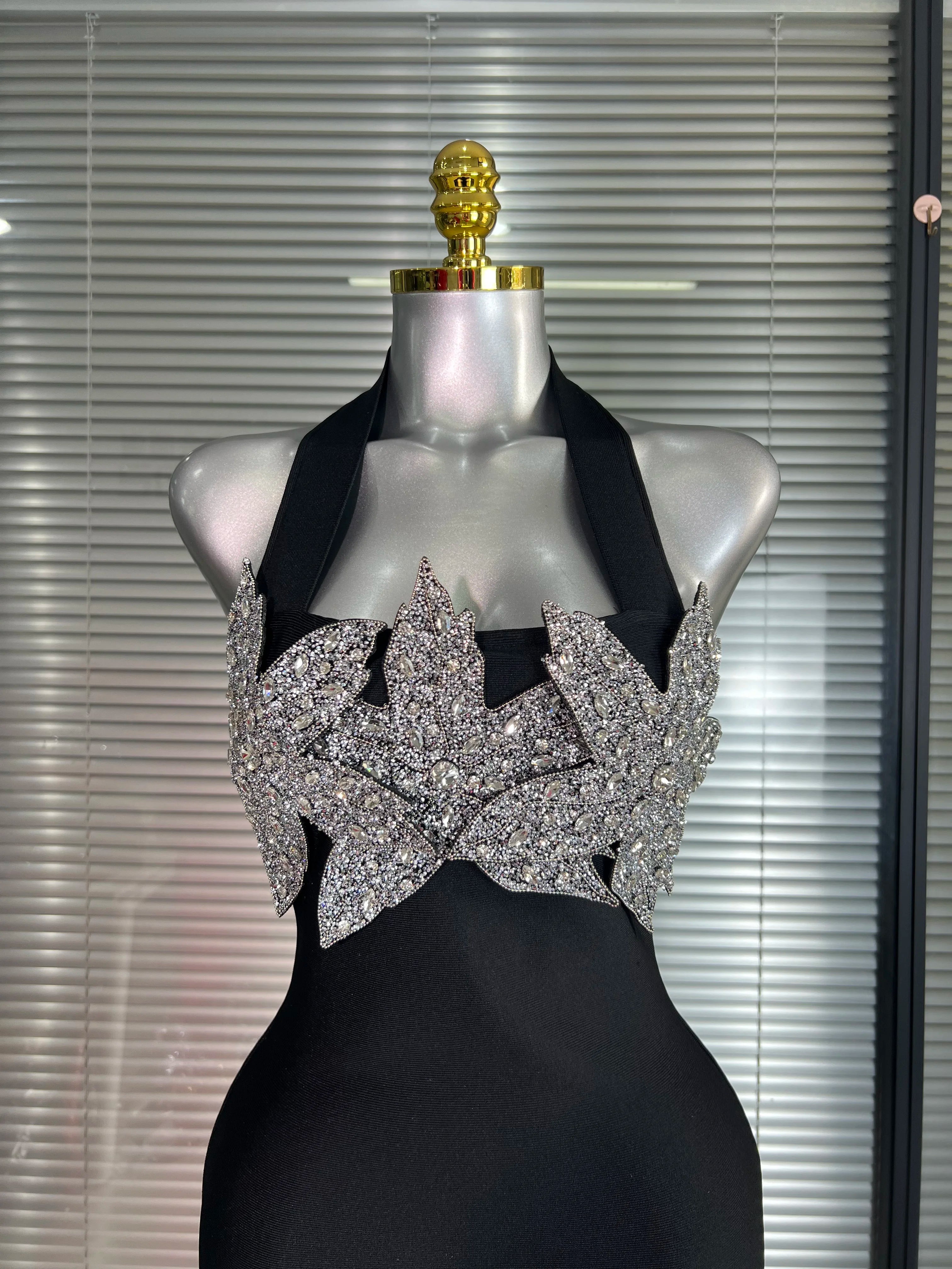 Brand New Summer 2025 Women Black Halter Bodycon Bandage Bodycon Dress Crystal Evening Party Dress Vestido