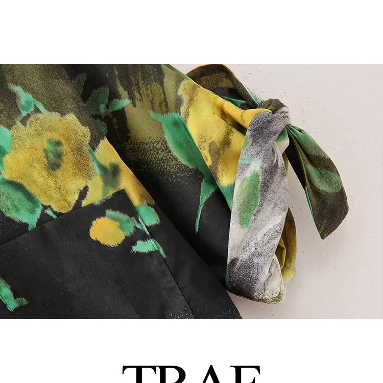 TRAF Summer Vintage Y2K Short Sleeve Green Floral Print Woman Zipper Shirt Set High Waisted A Line Pleated Skirt Suits