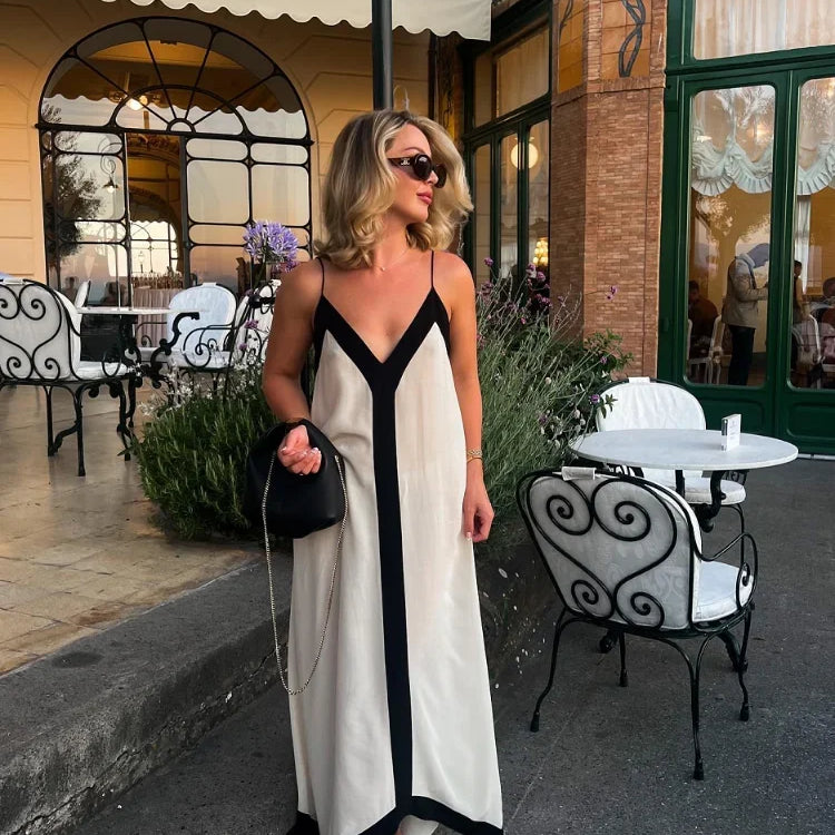 Sexy V-neck Sleeveless Dress Women Patchwork Contrast Color Loose Long Dresses Ladies Summer New Casual Backless Robes