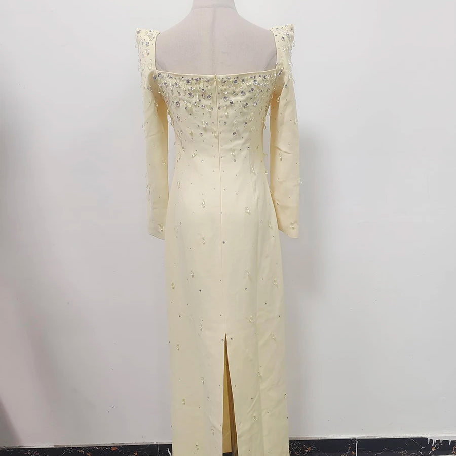 TWOTWINSTYLE Solid Slimming Spliced Bead Luxurious Midi Dresses for Women Square Neck Long Sleeves Split Elegant Dress Female