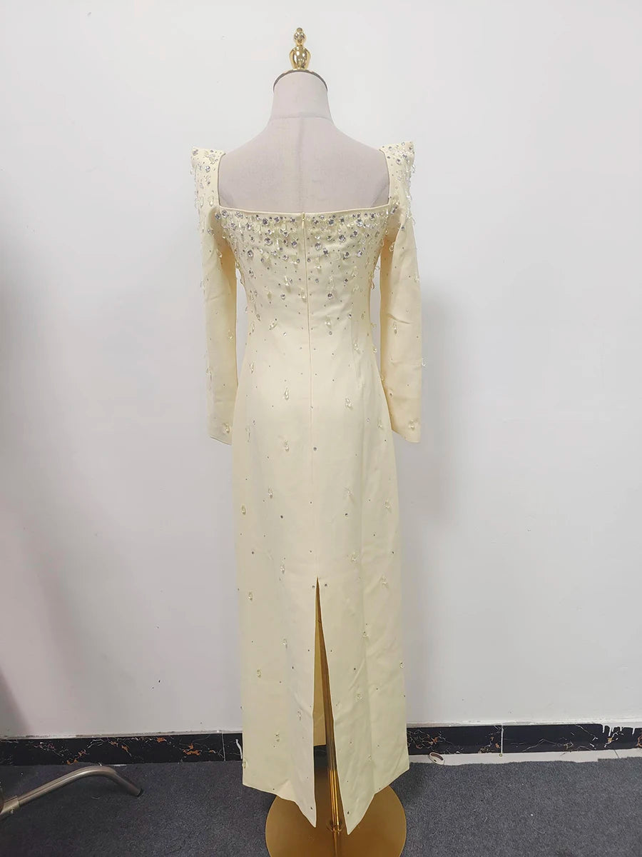 TWOTWINSTYLE Solid Slimming Spliced Bead Luxurious Midi Dresses for Women Square Neck Long Sleeves Split Elegant Dress Female