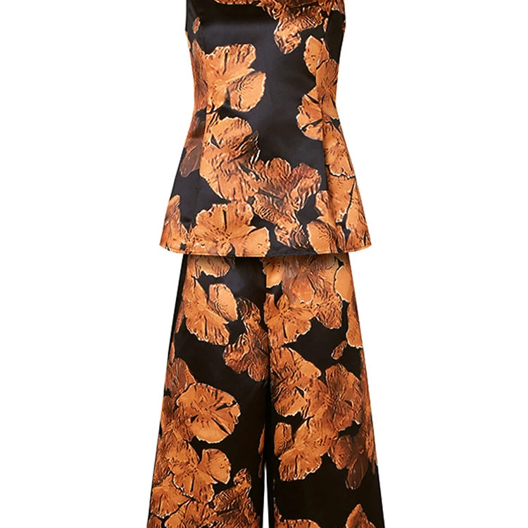 Plus Size 5XL VONDA Women Pant Sets Vintage Printed Sleeveless Satin Silk Tops and Elastic Waist Wide Leg Pants Sets 2pcs
