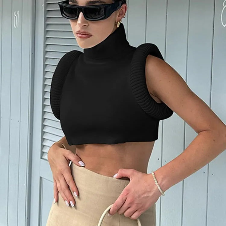 Weird Puss Feather Spliced Women Crop Tops Sleeveless Turtleneck Sexy Basic Vest Summer Hipsters High Street Y2K Rave Partywear black