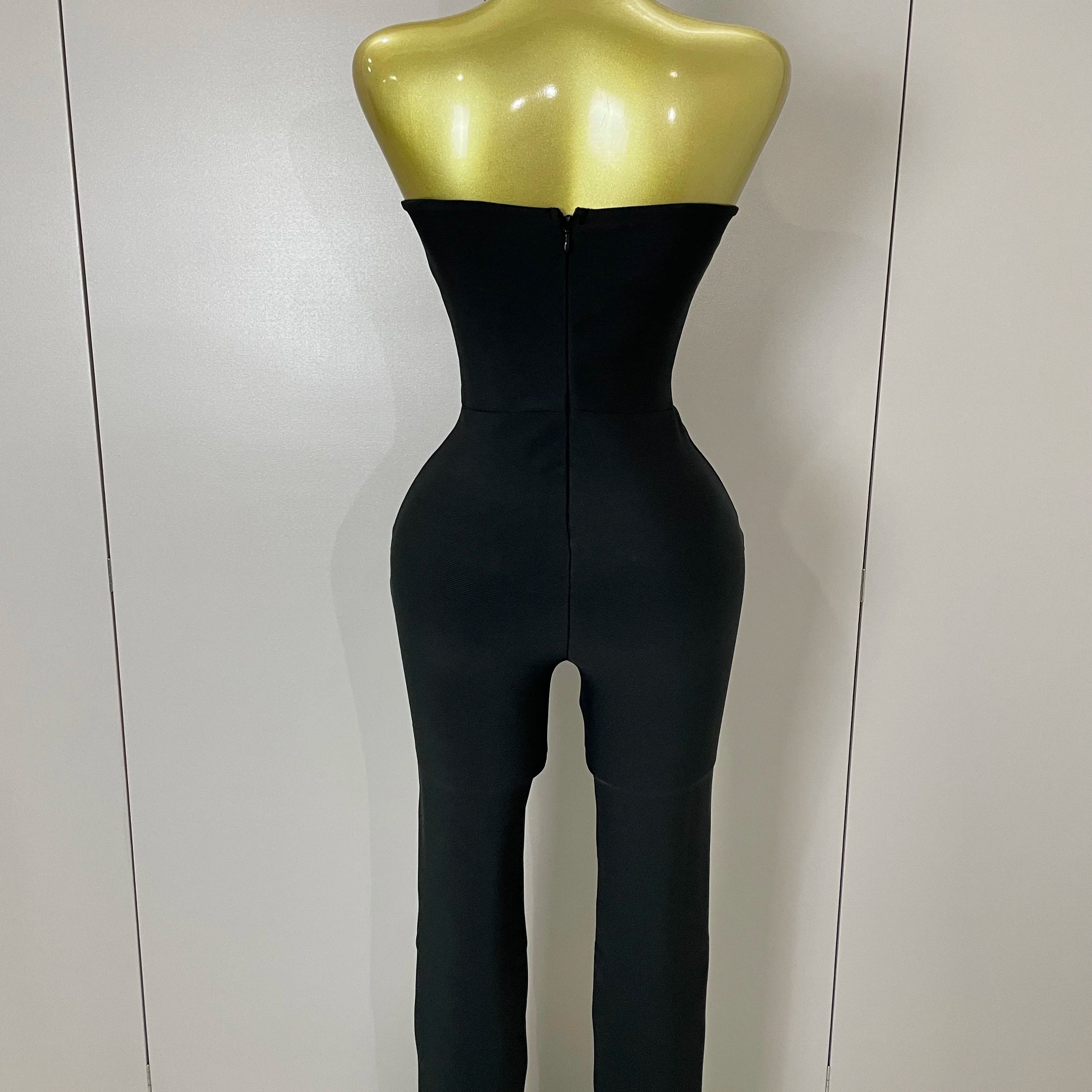 Luxury Sexy Strapless Backless Crystal Diamonds Black Bodycon Bandage Jumpsuit 2025 Women Celebrity Designer High Street Rompers
