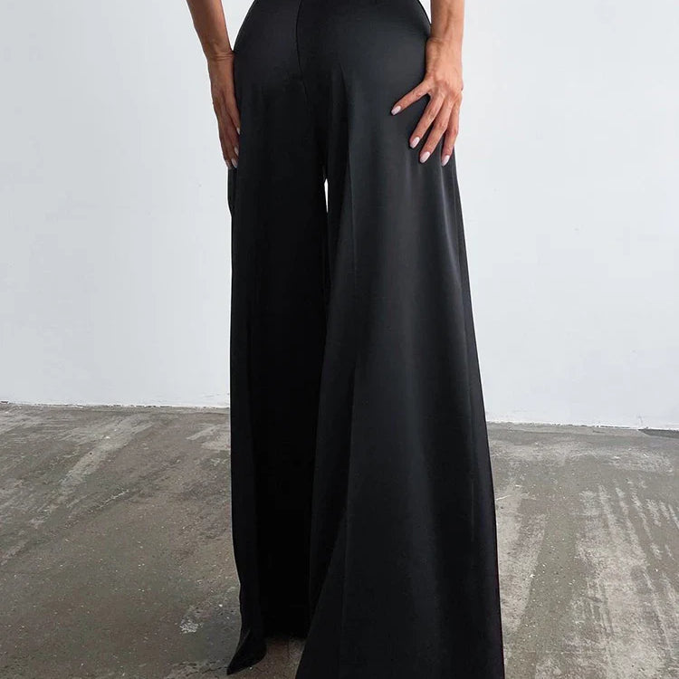 Mnealways18 Fashion Classy Women Palazzo Pants High Waist Floor-Length Satin Trousers Spring Summer High Street Baggy Pants