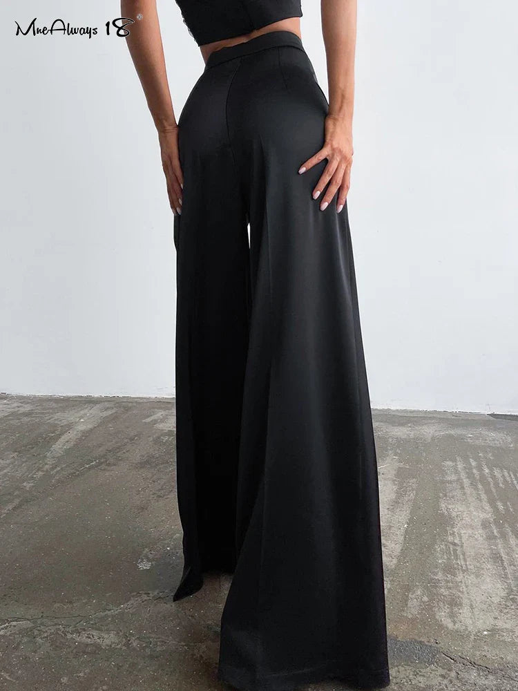 Mnealways18 Fashion Classy Women Palazzo Pants High Waist Floor-Length Satin Trousers Spring Summer High Street Baggy Pants