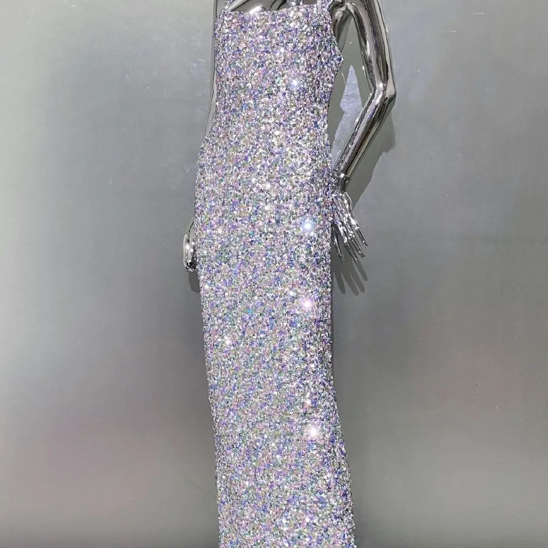 Shinning Sequins Women Sleeveless Sexy Square Collar Bodycon Long Fashion Evening Party Dress Birthday Prom Outfit Vestido
