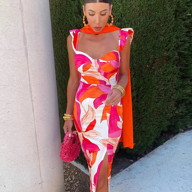 New Contrast Print Split Dress For Women Fashion Slim Sleeveless Chest Wrapping Robes Chic Lady Party Vacation Vestidos