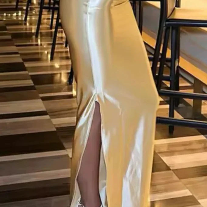 CM.YAYA Vintage Women Satin Bodycon Long Pencil Maxi Long Skirt 2025 Summer Sweet Holiday Beach Street INS Fashion OL Skirts Champagne