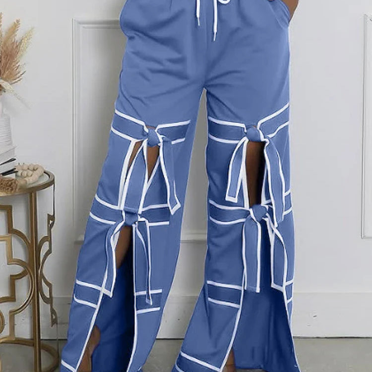 CM.YAYA Fashion Women Striped Patchwork Bowknot Split Wide Leg Jogger Pants 2025 Summer Active Sporty Classic Trousers