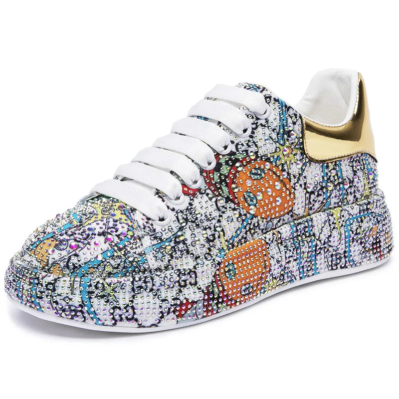 Sneakers Women's Big Size New Color Rhinestone Fashion Women Loafers Platform Fashion Shiny Women's Shoes Graffiti Rhinestone