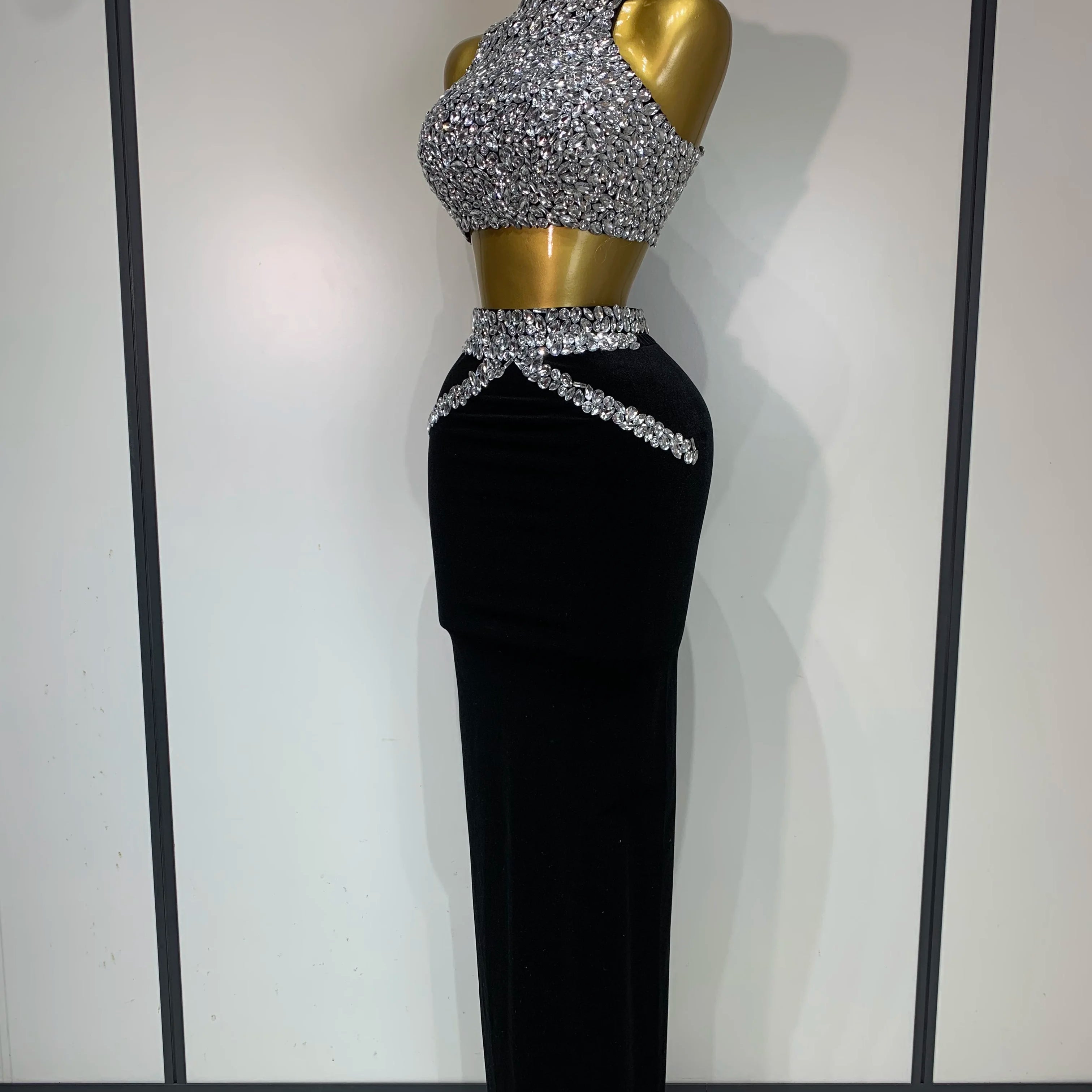 Sparkly Crystal Bodycon Long Dress 2025 Women Sexy Crop Top 2 Pieces Set Nightclub Elegant Party Performance Stage Costume