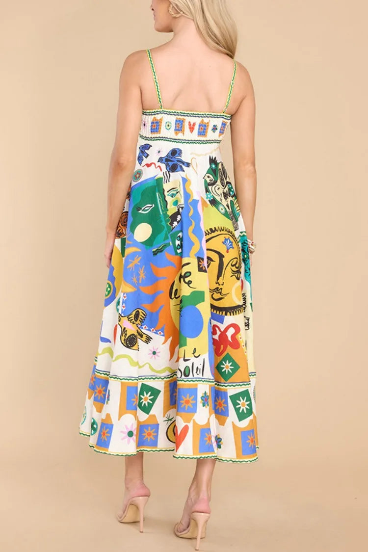 Elegant Printed Sleeveless Swing Dress Women's High Waist Suspender Backless Sexy Women's Summer Beach Vacation Robe