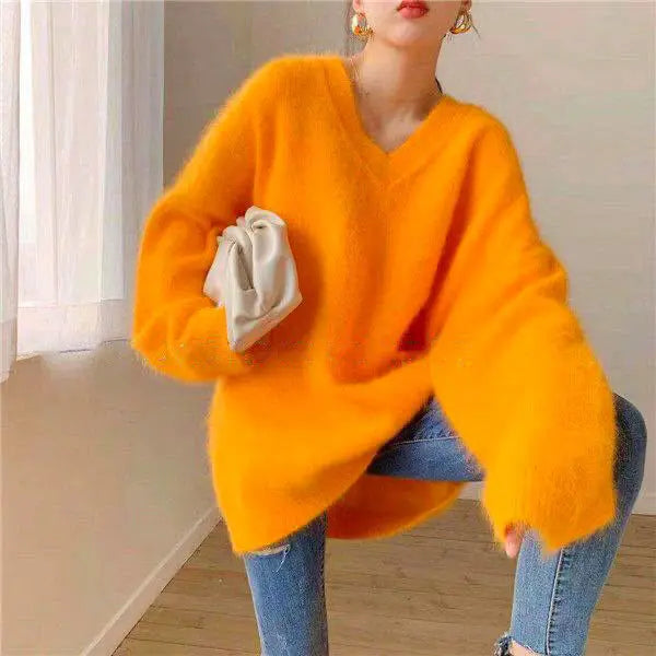 Oversized White Mink Cashmere Knitted Sweaters Loose Fit V-Neck Long Sleeve Women Pullovers Tops New Fashion Autumn Winter 2023 Orange