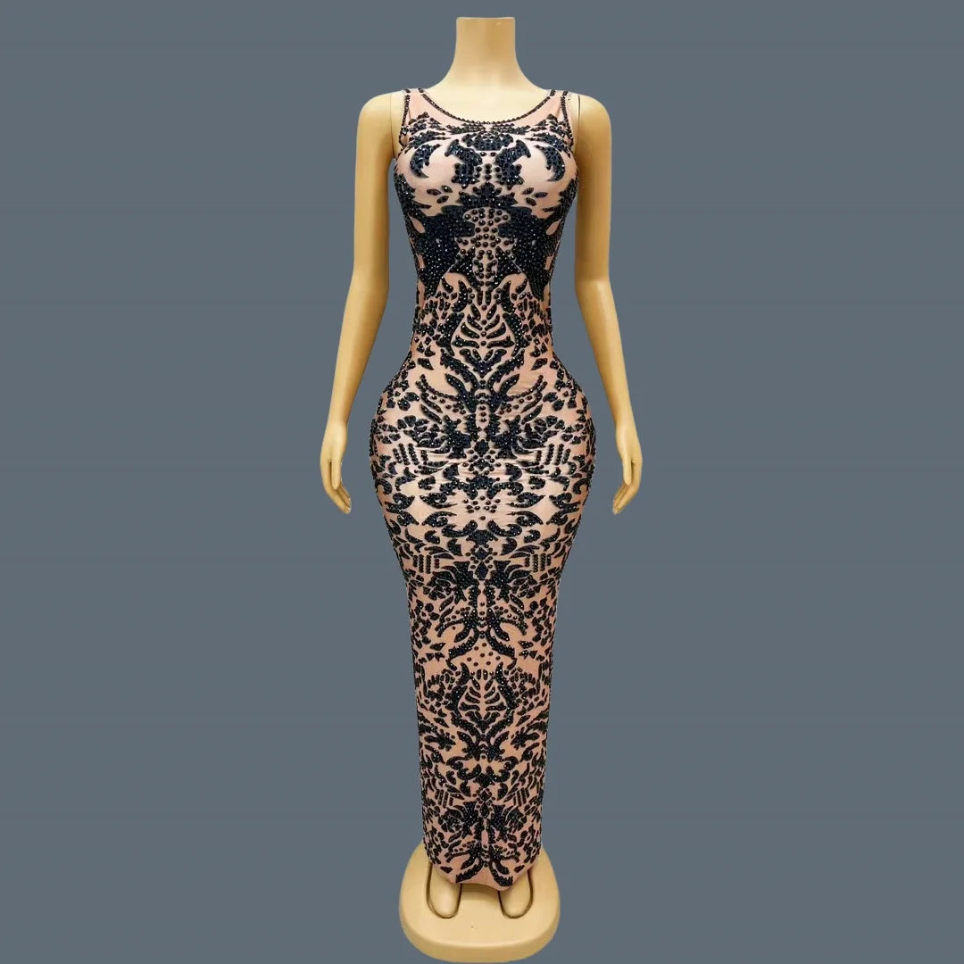 Women's Black Pattern Rhinestone Sparkly Ball Dress Birthday Luxury Dinners Sexy Maxi Dress Celebrate Party Evening Gown Heijiao