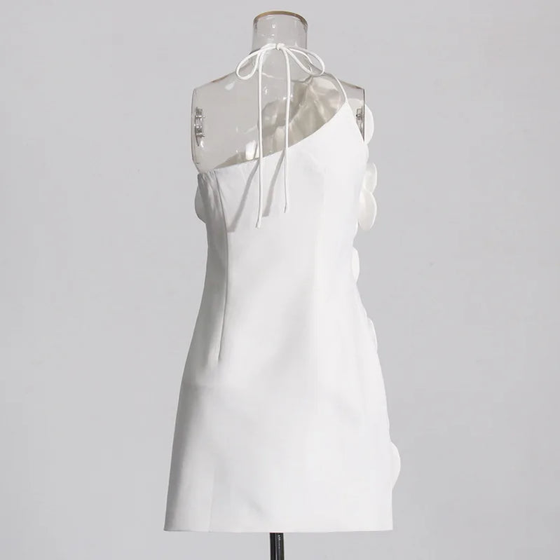 White Color Women Sexy Halter Backless Off the Shoulder Bodycon Mini Dress Florals Birthday Party Celebrate Vacation Dress