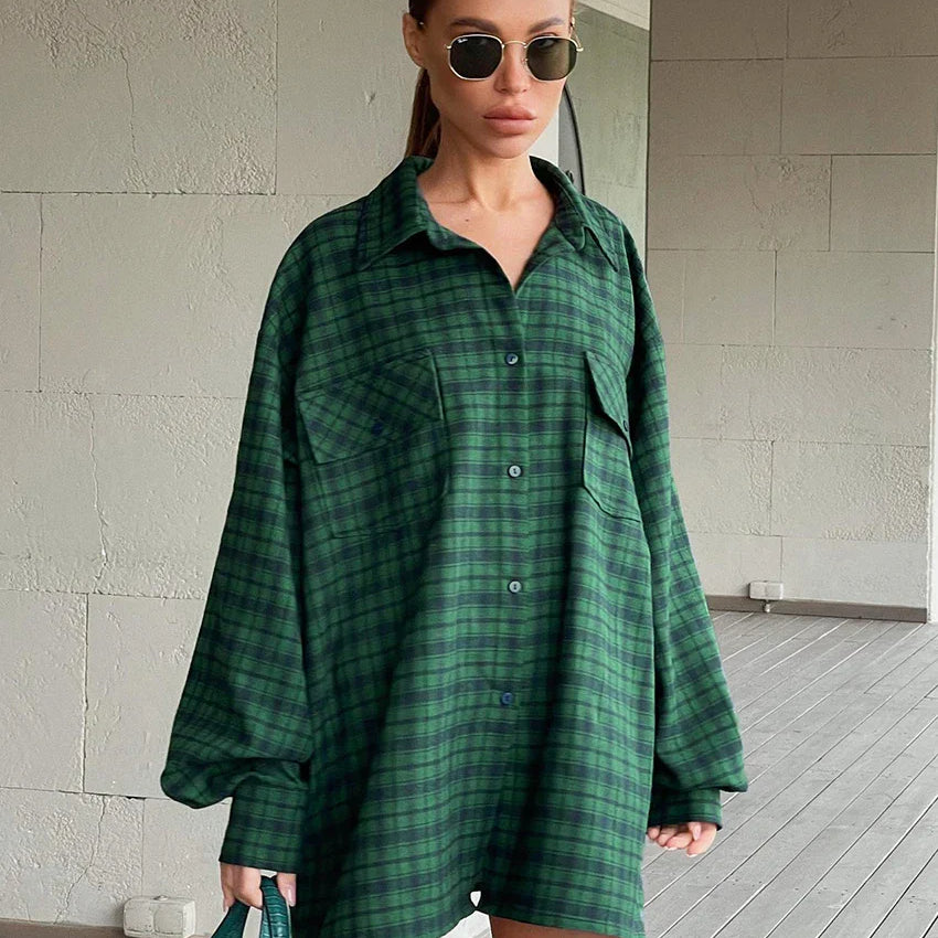 Bclout Casual Green Plaids Loose Blouses For Women 2022 Winter Vintage Long Sleeve Party Shirts Flannel Elegant Office Lady Tops