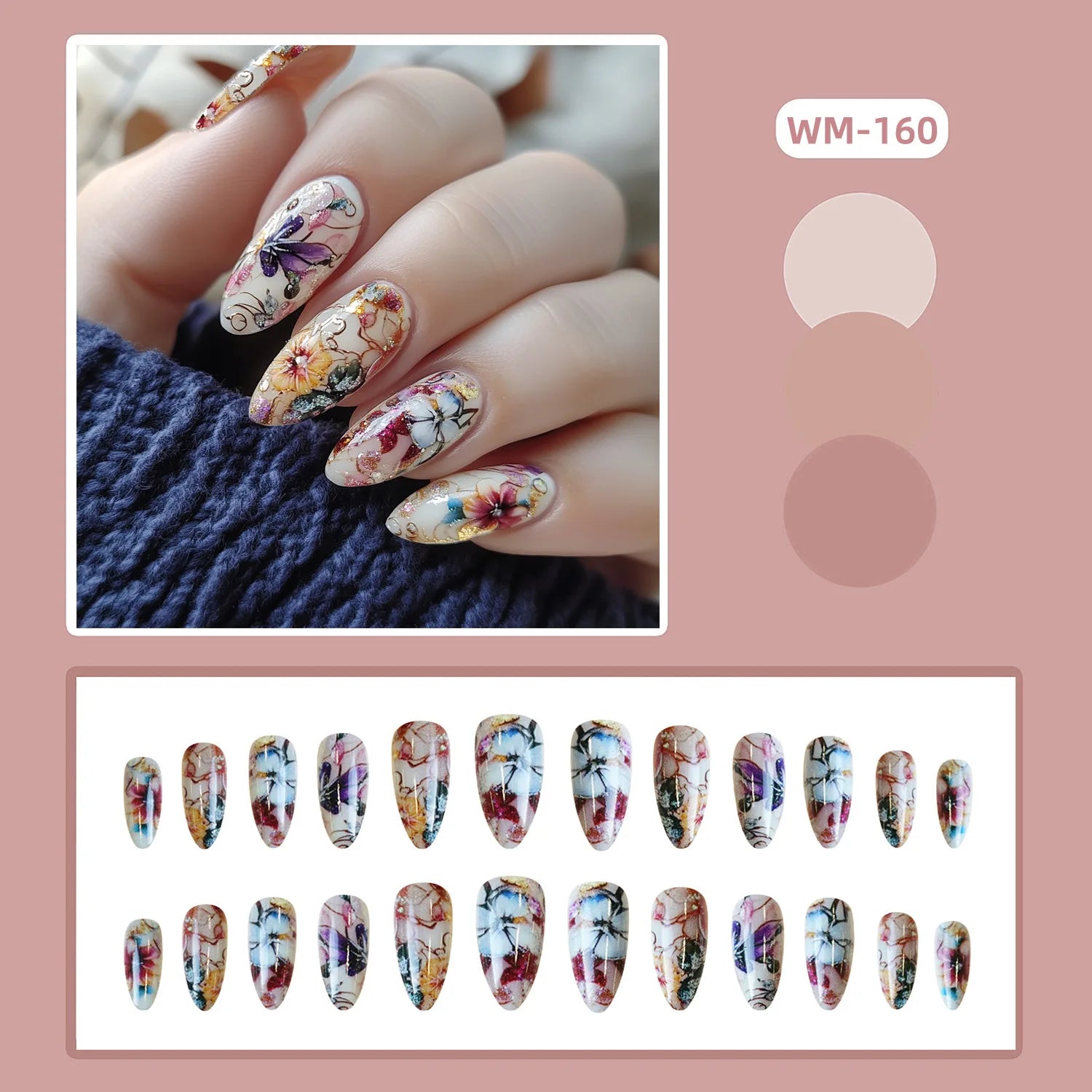 24pcs Classical Flowers Press on Nails Watercolor Butterflys Flowers Print False Nails Wearable Spicy Girls Fake Nails for Women