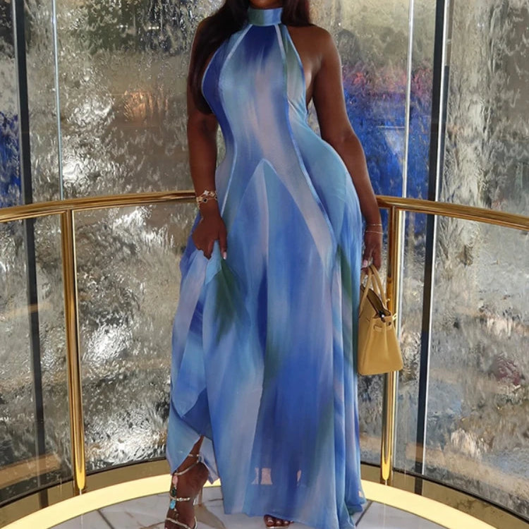 CM.YAYA Women Gradient Print O-Neck Sleeveless Bodycon Long Dress 2025 Summer Holiday Birthday Evening Beach Sexy Party Dresses