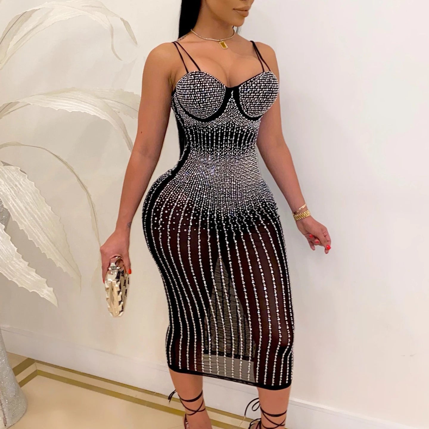 CM.YAYA Mesh See Though Hot Rhinestones Plunging V-neck Midi Bodycon Dress  Women Sexy Club Party Dresses Pencil Vestidos