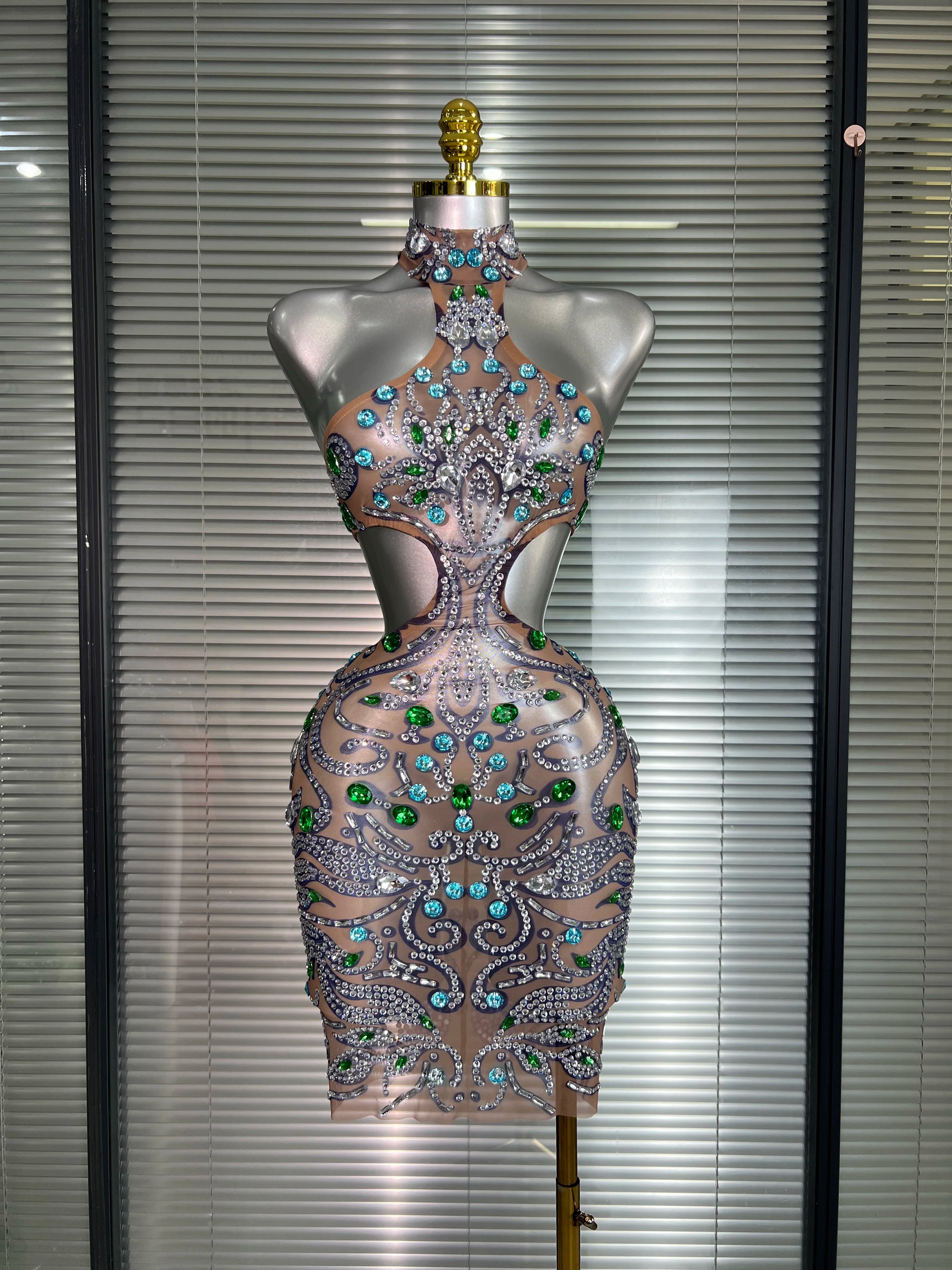 Celebrity New Women Sexy Print Mesh Sheer Crystal Rhinestones Stage Costume Stage Dancer Night Club Mini Party Dress