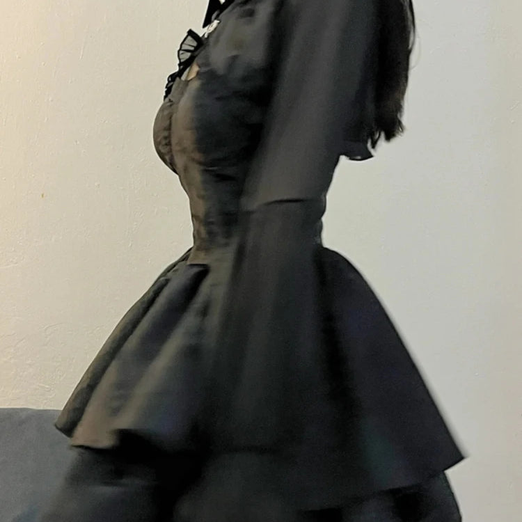 HOUZHOU Black Sexy Lolita Dress Women Gothic Vintage Mini Dresses Harajuku Long Sleeve Fairy Two-piece Dresses Party Dress Sets