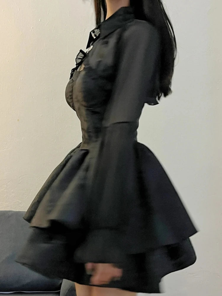 HOUZHOU Black Sexy Lolita Dress Women Gothic Vintage Mini Dresses Harajuku Long Sleeve Fairy Two-piece Dresses Party Dress Sets